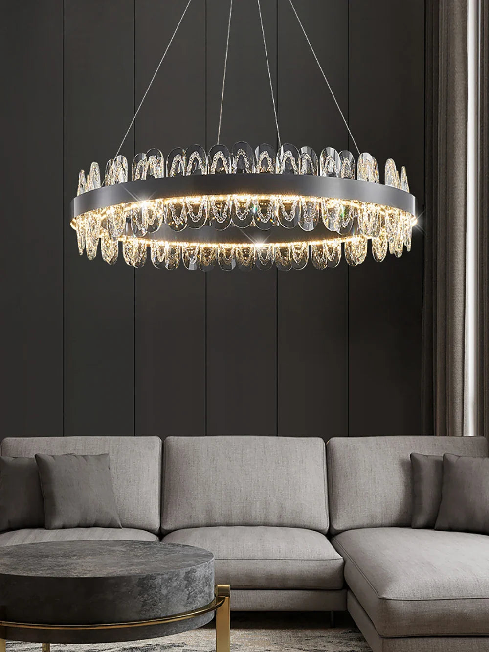 Afralia™ Round LED Crystal Chandelier in Gold/Black for Luxe Living Room Lighting