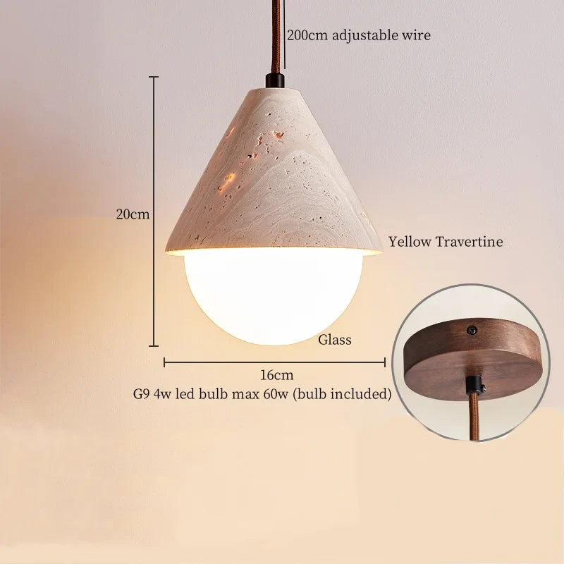 Afralia™ LED Pendant Lights Yellow Travertine Wood Hanging Lamp for Bedroom Dining Room