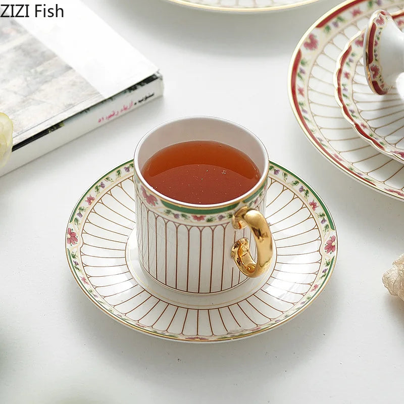 Afralia™ Gold-Striped Ceramic Cup & Saucer Set for Dining Table Coffee Milk Tea Juice