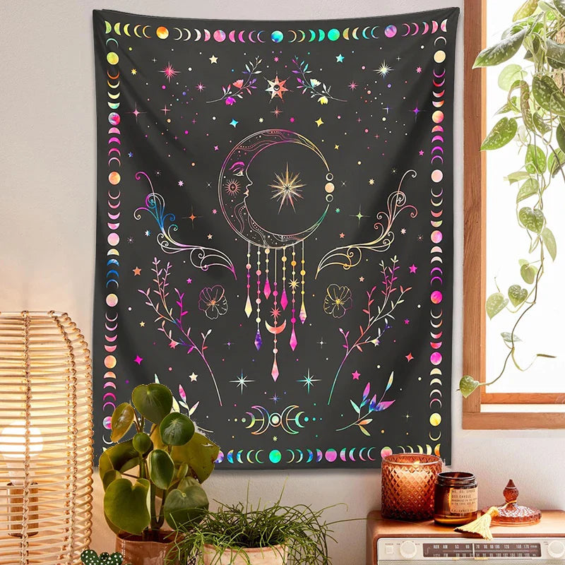 Afralia™ Celestial Moon Phase Tapestry with Floral Accents