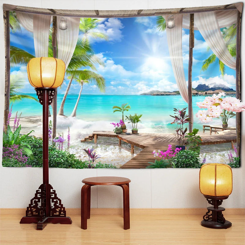 Afralia™ Coconut Forest Sea View Tapestry Wall Hanging - Aesthetic Home Decor