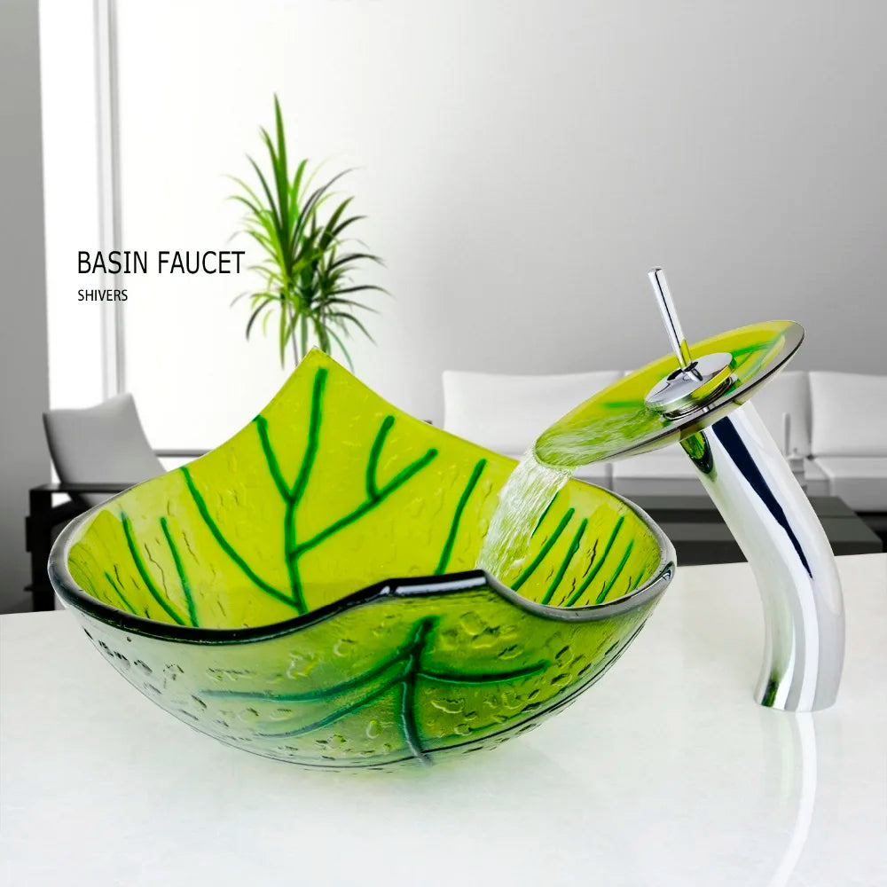 Afralia™ Green Glass Vessel Sink Set with Waterfall Faucet - Luxury Bathroom Vanity