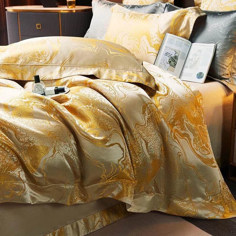 Afralia™ Satin Jacquard Bedding Set, Egyptian Cotton, Soft Silky Duvet, Sheet, Pillowcases