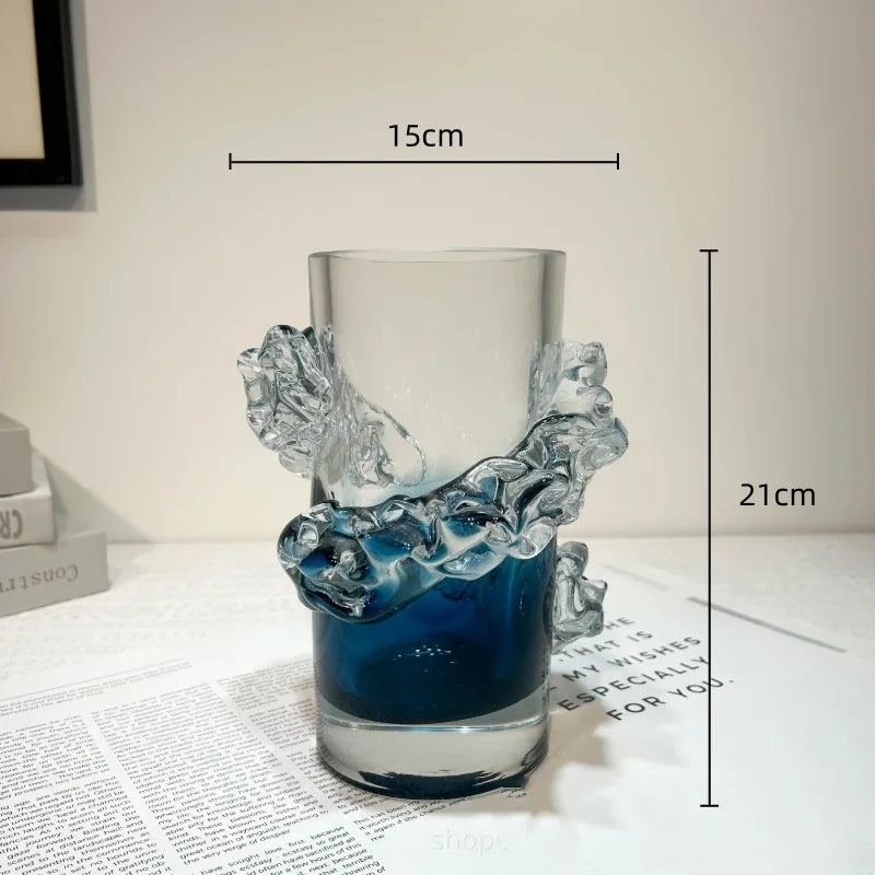 Afralia™ Blue Gradient Wavy Glass Vase for Floral Arrangements and Room Decor