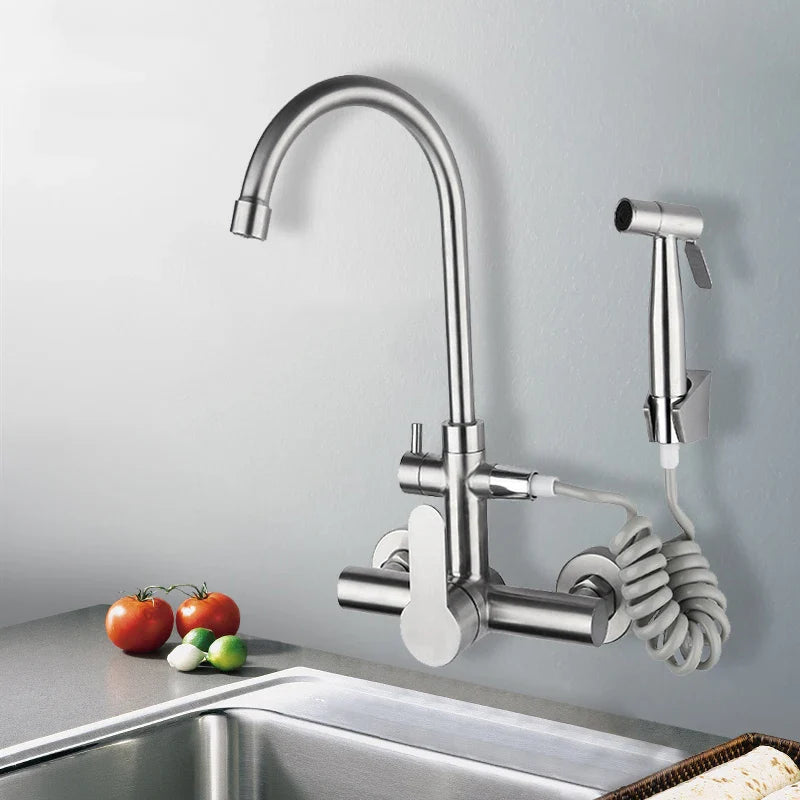 Afralia™ Stainless Steel Kitchen Faucet Wall Mount with Swivel Bidet Sprayer Head.