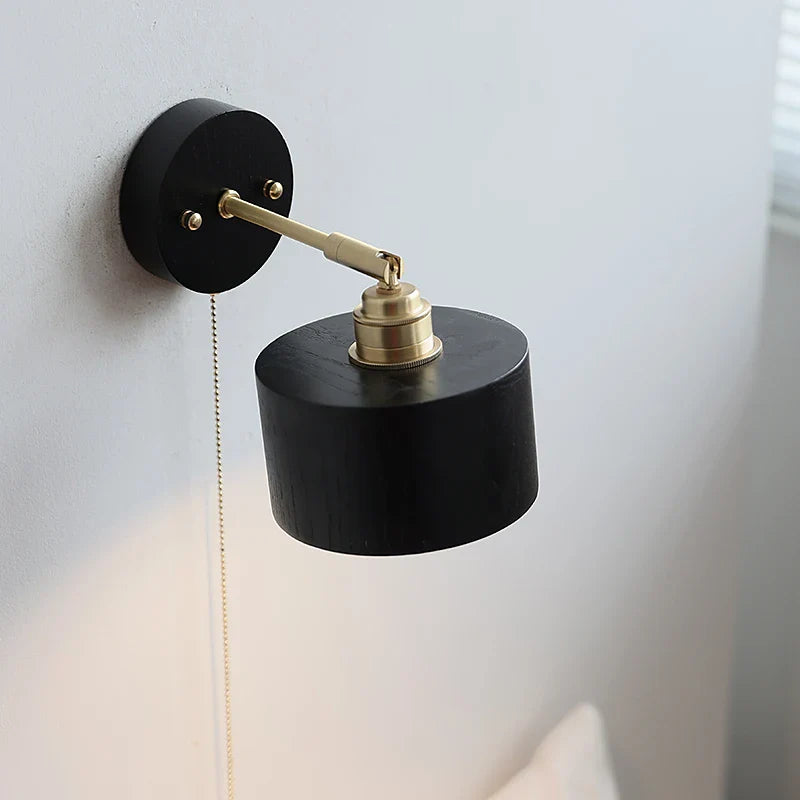 Afralia™ Black Wood LED Wall Light with Pull Chain Switch, Rotating Japanese Style Bedside Lamp