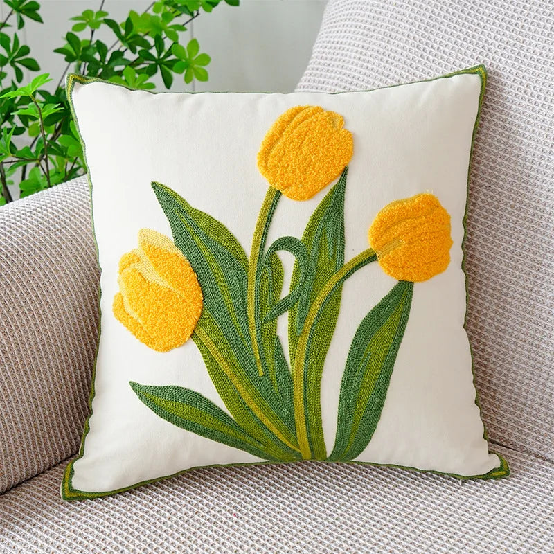 Afralia™ Tulip Embroidered Pillowcase Green Crochet Tassel Cushion Cover 45*45cm