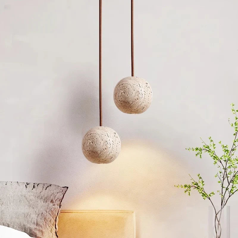 Afralia™ Wabi Sabi LED Pendant Lamp Yellow Travertine Stone Ball Hanging Light