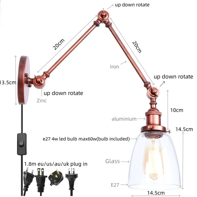 Afralia™ Vintage Loft LED Wall Light - Industrial Glass Iron Lamp