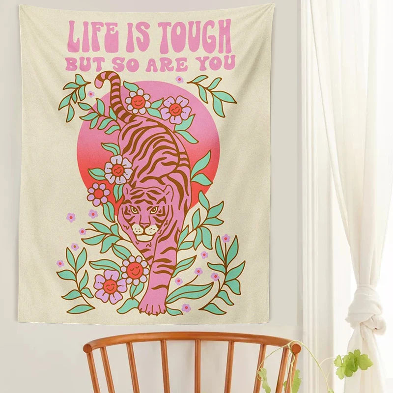 Afralia™ Tiger Moon Pink Flower Tapestry, Boho Wall Hanging for Aesthetic Home Decor