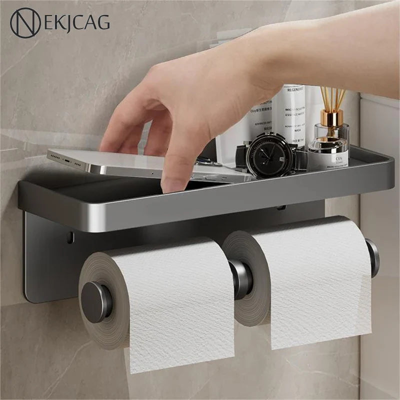 Afralia™ Wall Mount Toilet Paper Holder with Storage Tray and Phone Stand