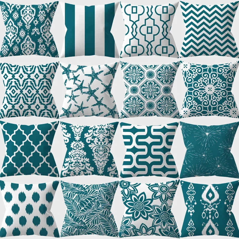 Afralia™ Teal Blue Green Flower Leaves Stripe Geometric Pillowcase Home Decor Sofa Cushion Cover