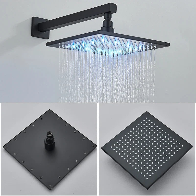 Afralia™ LED Black Wall Mounted Shower Faucet Set with Rainfall Shower Head