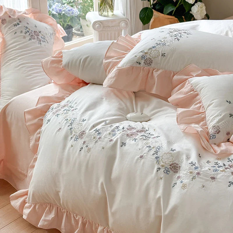 Afralia™ Korean Princess Lace Ruffles Flowers Embroidery Bedding Set with 100% Cotton Quality.