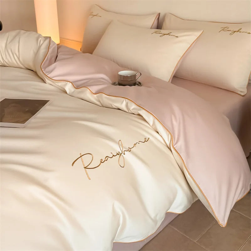 Afralia™ Pure Cotton Luxury Embroidery Bedding Set - Nordic Solid Color Duvet Bedclothes