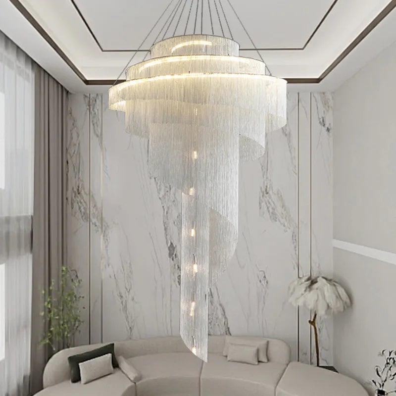Afralia™ Gold Tassel LED Chandelier for High Ceilings - Elegant Home Decor Lighting