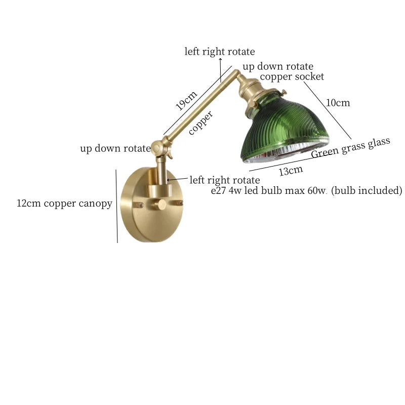 Afralia™ Vintage Brass Glass LED Wall Light with Pull Chain, Left Right Rotate Mirror Design