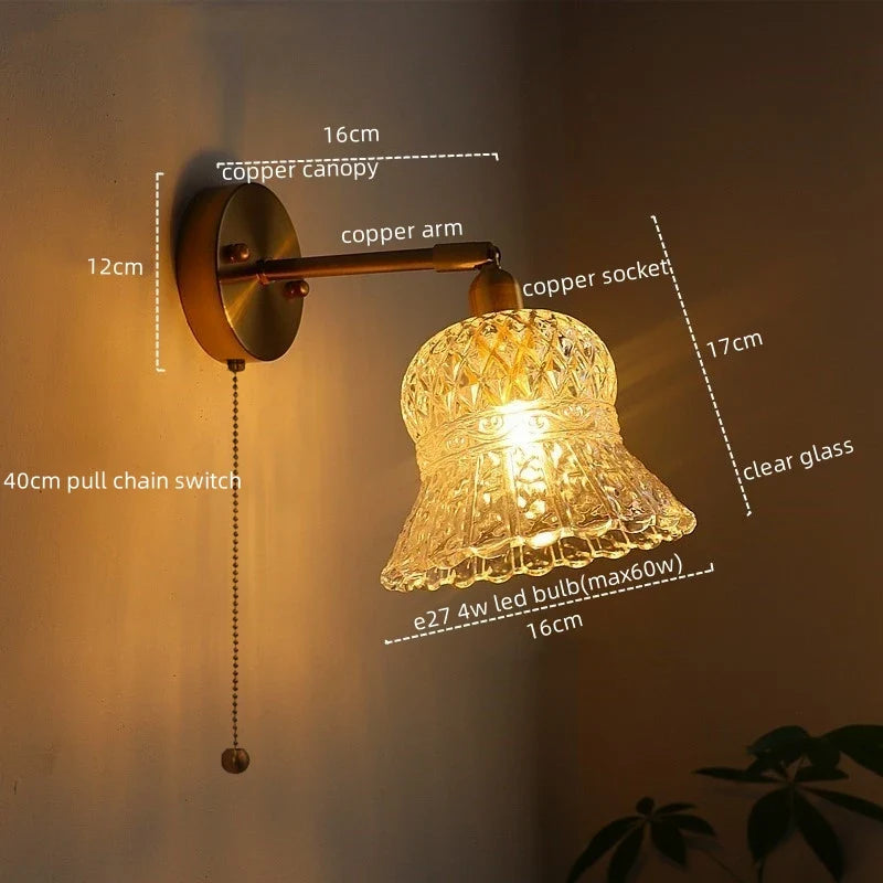 Afralia™ Vintage Copper Glass LED Wall Light with Pull Chain Switch for Dining Room Bedroom
