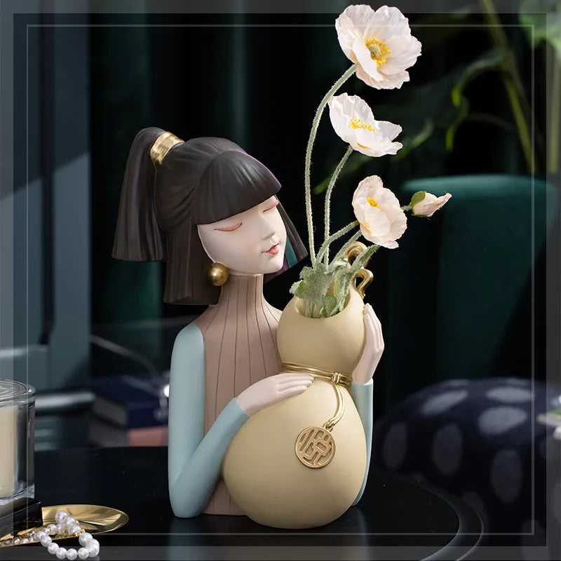 Afralia™ Modern Girl Vase, Resin Ornaments, Office Desk Figurines, Decoration Accessories, Gift