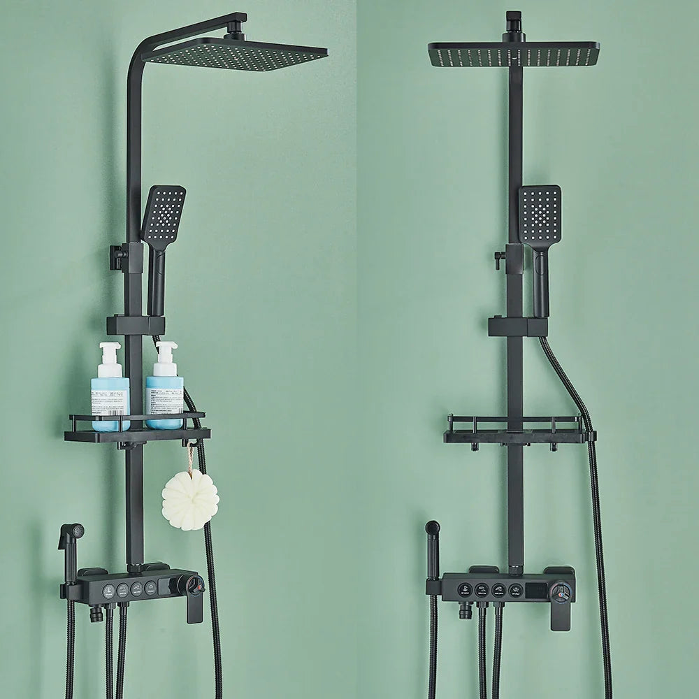 Afralia™ Thermostatic LCD Shower Faucet Set with 4 Way Rainfall System and Bidet Shelf