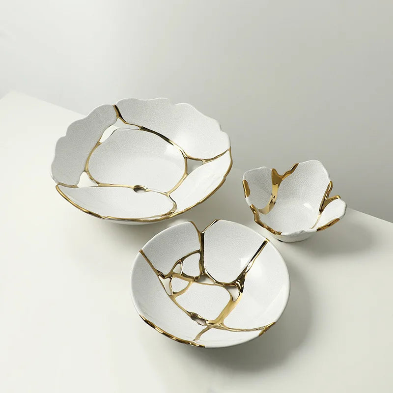 Afralia™ Ceramic Fruit Platter with Golden Crack Design and Wire Tray.