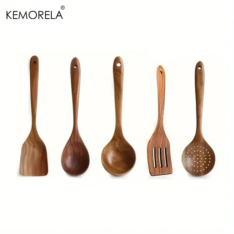 Afralia™ 5PCS Teak Wooden Cooking Spoon Set - Natural Kitchen Tableware Tools