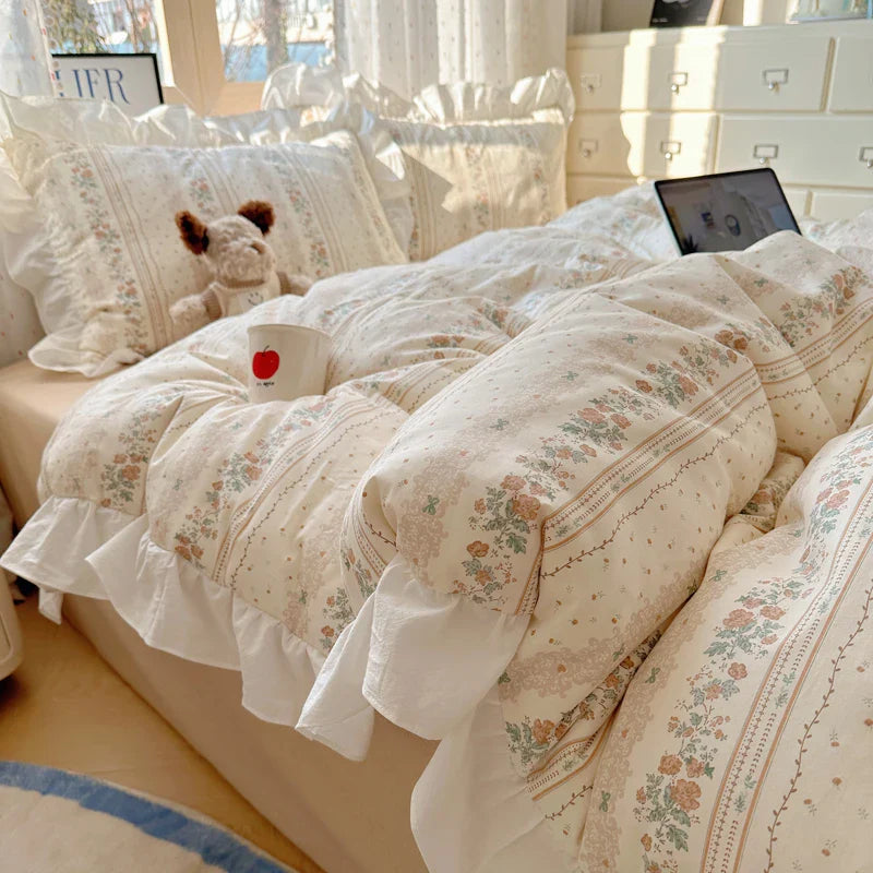 Afralia™ Floral Lace Ruffles Bedding Set 3/4Pcs Single Queen Size Duvet Cover