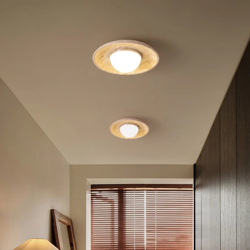 Afralia™ Acrylic LED Ceiling Lamp Yellow Travertine Wood Canopy Wabi Sabi Style