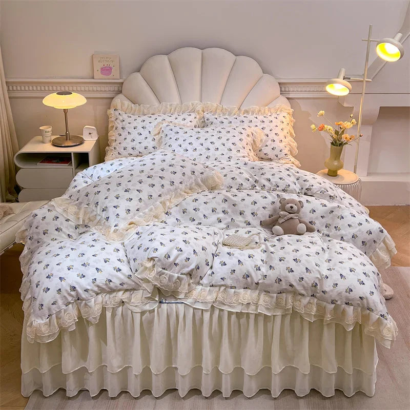 Afralia™ Princess Lace Ruffles Floral Bedding Set with Duvet Cover and Bed Skirt