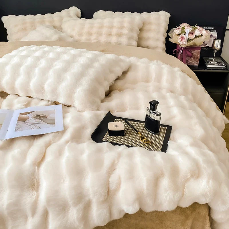 Afralia™ Gradient Faux Rabbit Fur Bedding Set - Warm Luxury Plush Duvet Cover & Quilt Sets