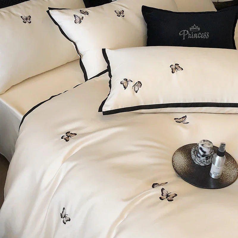 Afralia™ 600TC Egyptian Cotton Butterfly Embroidery Bedding Set: Duvet, Sheet, Pillowcases