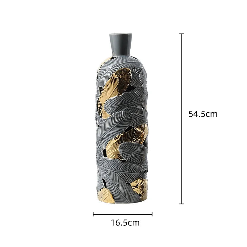 Afralia™ Feather Pattern Ceramic Vase in Gray and Gold - Home Decor Accent