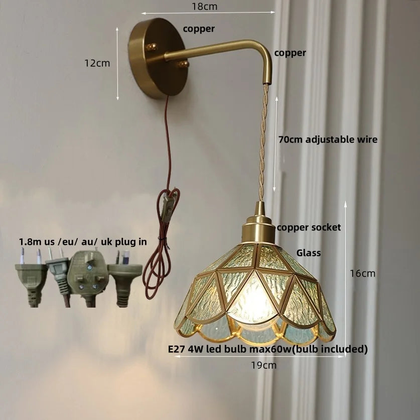 Afralia™ Tiffany Glass LED Wall Sconce Pull Chain Switch Bedroom Foyer Lamp