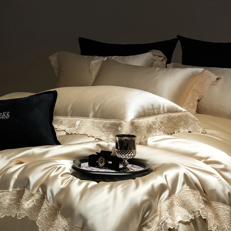 Afralia™ Luxe French Lace Edge Bedding Set: Silky Lyocell Cotton Duvet Cover, Sheet & Pillowcases