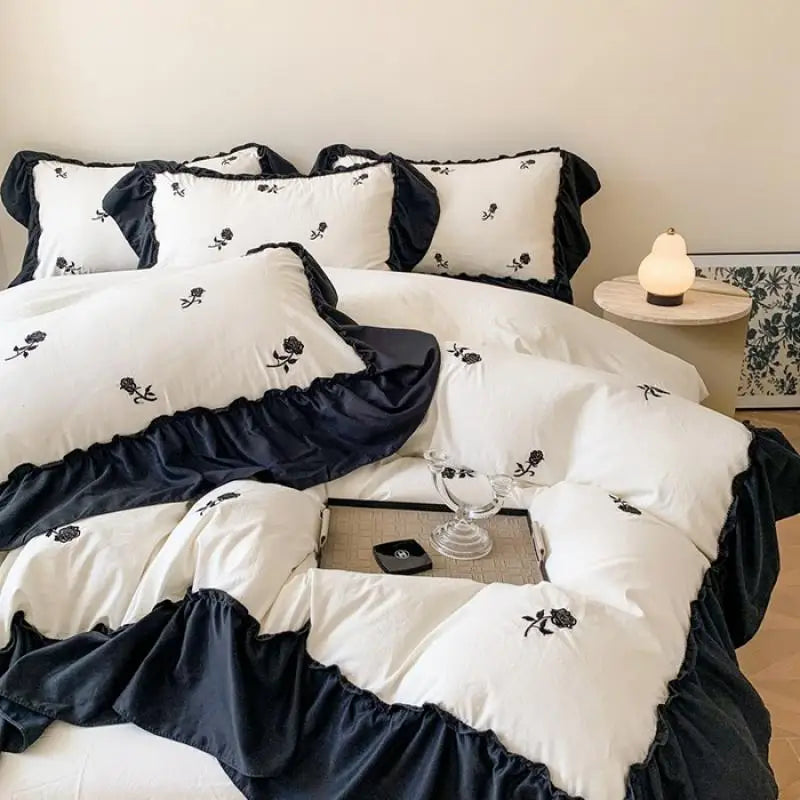 Afralia™ Rose Embroidered Princess Style Lace Bedding Set