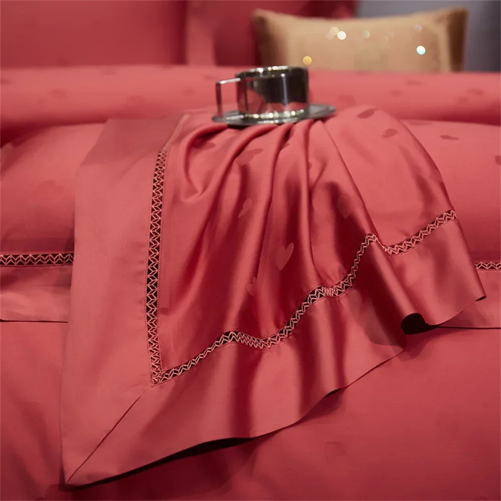 Afralia™ Luxury Nordic Red Egyptian Cotton Jacquard Embroidery Bedding Set