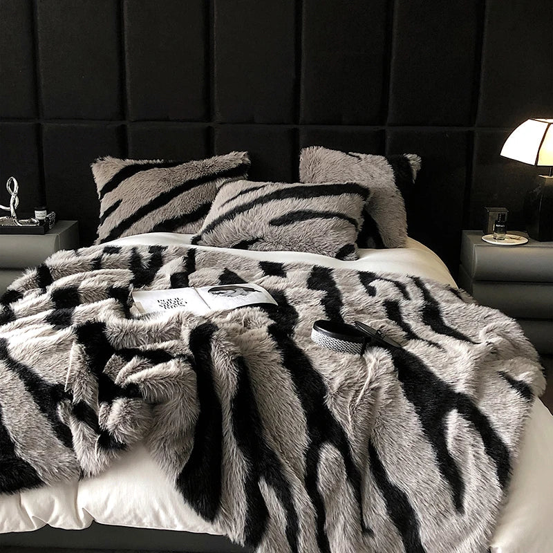 Afralia™ Zebra Print Faux Fur Blanket - Luxurious Bed Linen, Fox Fur Throw, Sofa Plaid