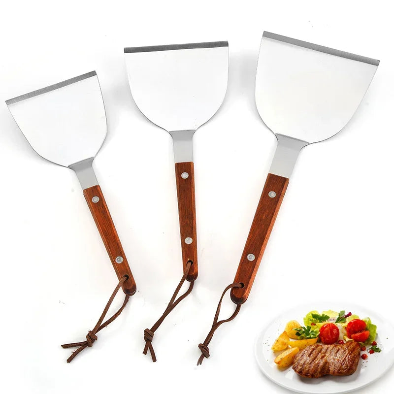 Afralia™ Stainless Steel Steak Frying Spatula Wooden Handle Kitchen Cooking Utensil