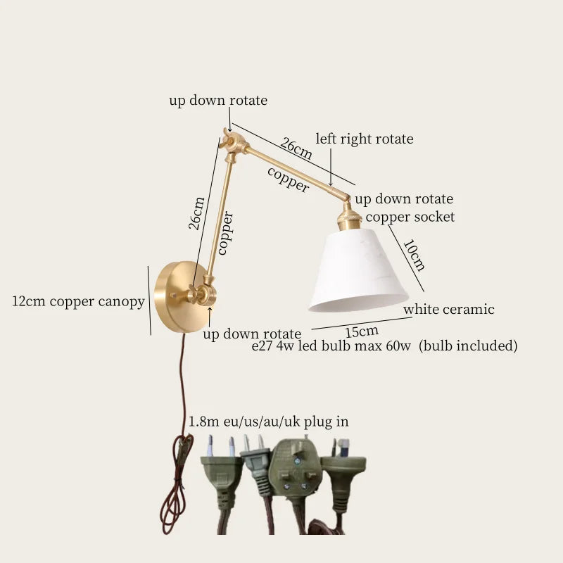 Afralia™ Ceramic LED Wall Lamp, Pull Chain Switch, Nordic Copper, Small Size