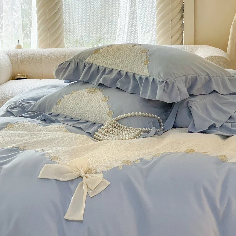 Afralia™ Lace Embroidery Princess Bedding Set - Duvet Cover, Sheet, Pillowcases - Blue Pink Purple