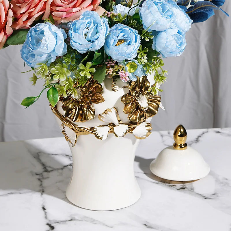 Afralia™ Floral Relief Ceramic Storage Jar - Golden Pot Vase