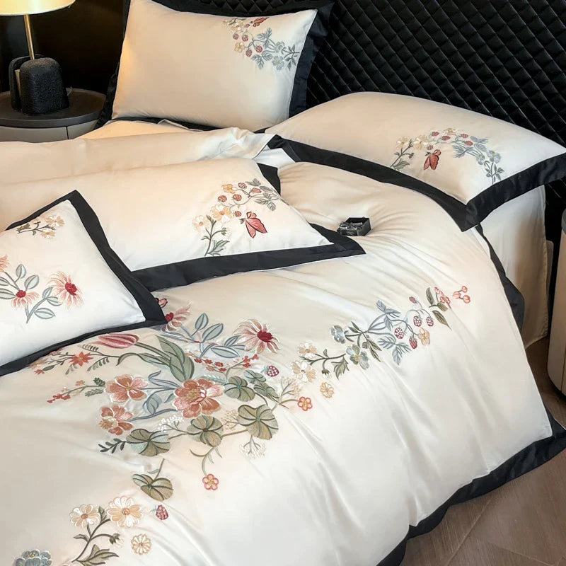 Luxury Flowers Embroidery Black Cotton Bedding Set by Afralia™ - 4Pcs
