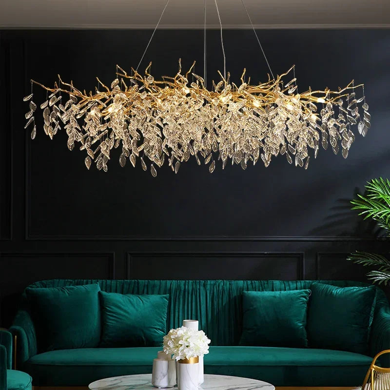 Afralia™ Crystal Branch LED Pendant Chandelier - Gold Suspend Lamp for Luxury Dining Room