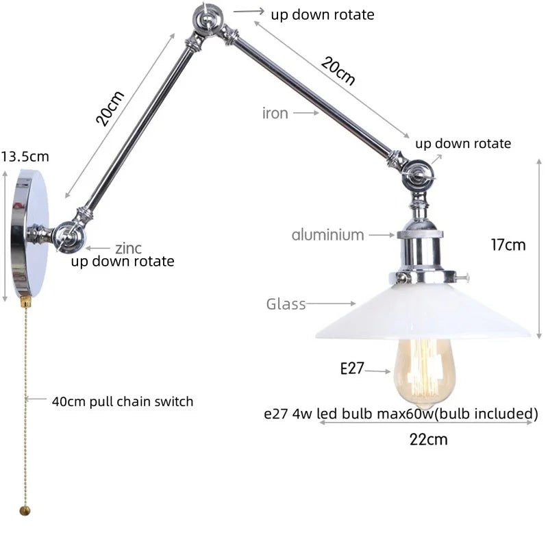 Afralia™ Industrial Loft Swing Arm LED Wall Sconce Glass Vintage Mirror Light