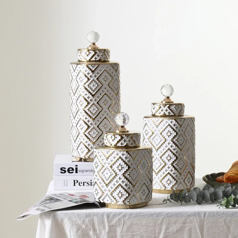 Afralia™ Geometric Golden Relief Decorative Jar - Ceramic Crystal Vase Storage Jar