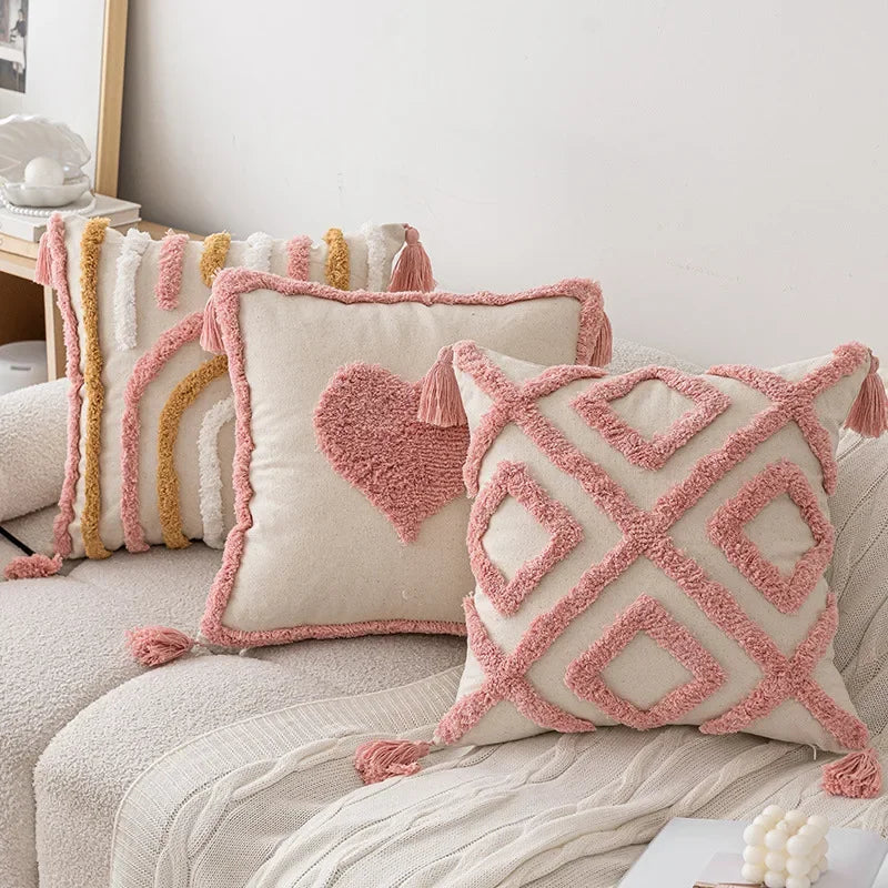 Afralia™ Geometric Pink Tufted Cushion Cover - 45*45cm Embroidered Cotton Canvas Pillow Case