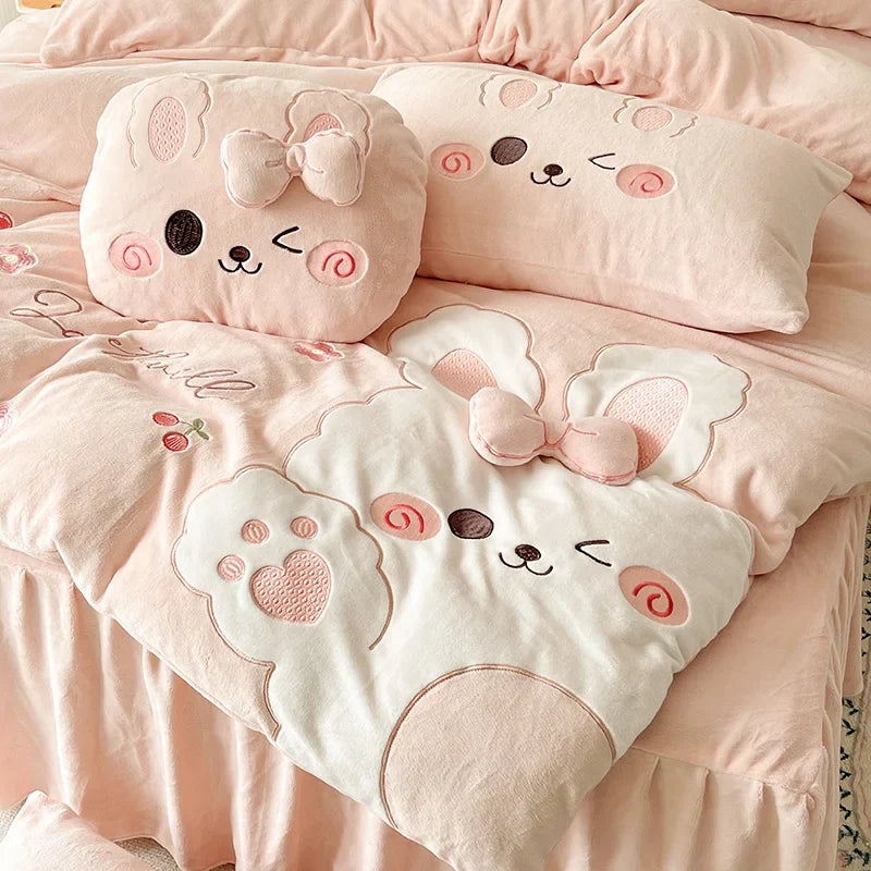 Afralia™ Cartoon Rabbit Applique Embroidery Bedding Set with Velvet Fleece for Cozy Comfort