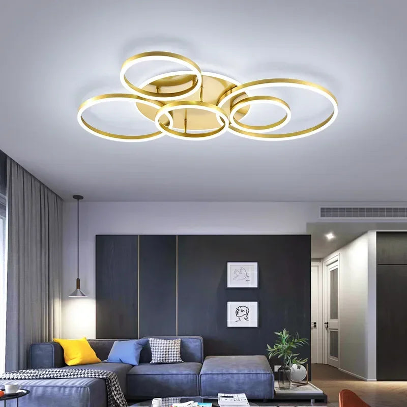 Afralia™ Modern Golden White Ring Chandelier for Living Room, Dimmable LED Ceiling Light