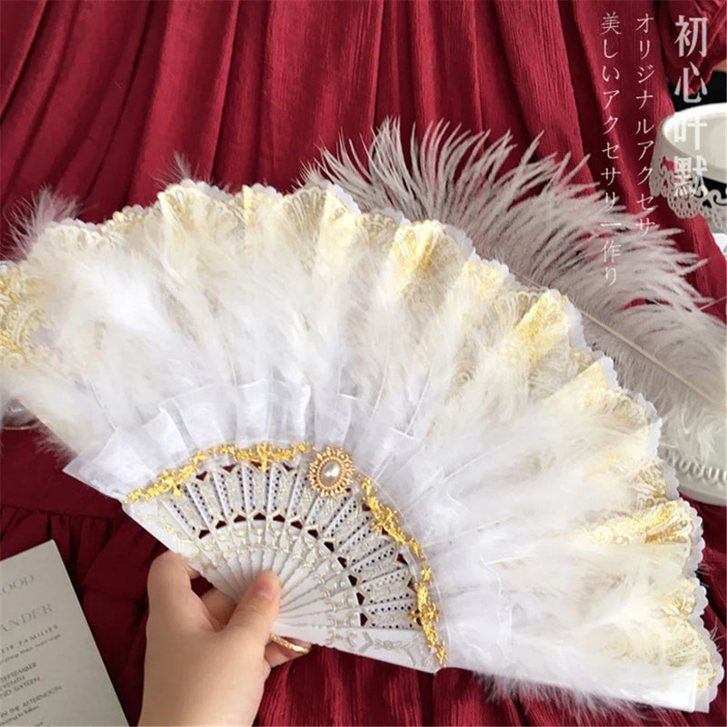 Afralia™ Elegant Gemstone Handle Lace Fan for Dark Gothic Court Party