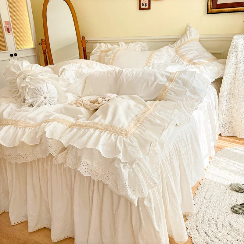 Afralia™ French Vintage Ruffles Embroidery Bedding Set, Cream White, 100% Cotton, Quilt Cover